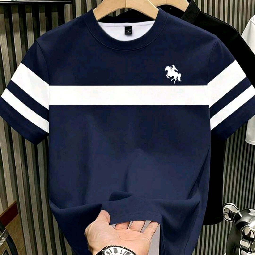 Premium Navy Blue & White Striped Casual T-Shirt for Men