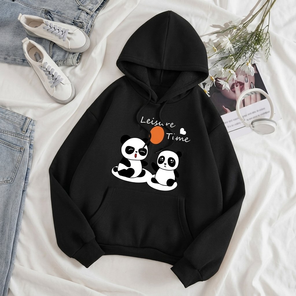 Premium Beige Panda Printed Hoodie for Men & Women | Casual Winter Pullover Sweatshirt