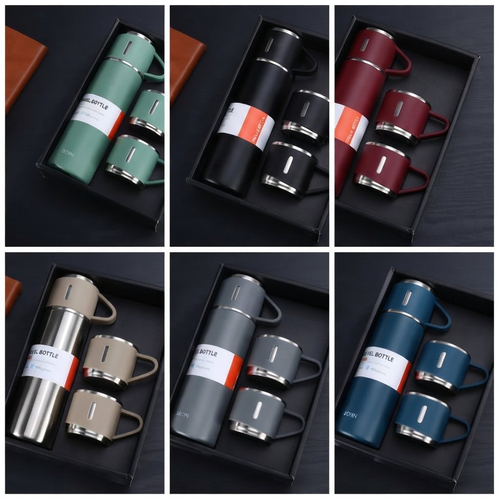 Premium Stainless Steel Insulated Thermos Bottle with 2 Cups – Black