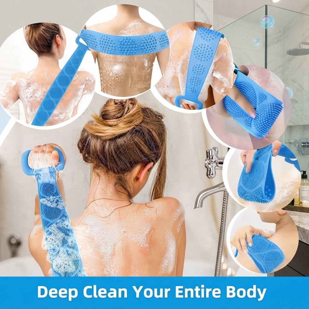 Silicone Back Scrubber Strap – Long Handle Exfoliating Body Brush for Deep Clean Shower Experience, Bath Accessory for Men & Women